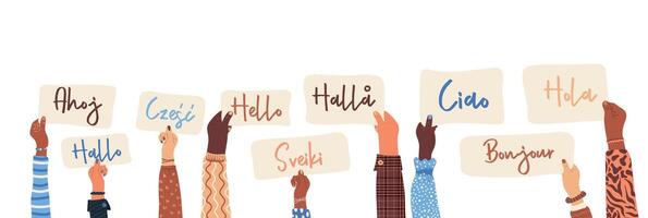 vielfältig Mensch Hände halten Banner mit Text Hallo im verschiedene International Sprachen vektor