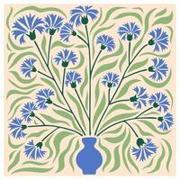 Blumen- retro Poster mit Kornblumen. modisch Hand gezeichnet Blumen infantil Stil. siebziger Jahre, groovig Hintergrund. matisse Kurven ästhetisch vektor