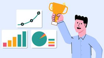 Geschäftsmann Mitarbeiter Arbeiter halt Gewinner Trophäe mit gut Grafik Diagramm Statistik analytisch - - Erfolg Führer Mann Lauf Geschäft Arbeit Job vektor