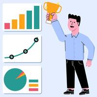 affärsman anställd arbetstagare håll vinnare trofén med Bra grafisk Diagram statistisk analytisk - Framgång ledare man springa företag arbete jobb vektor