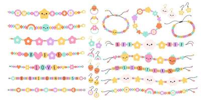 Kinder Schmuck Satz. bunt handgemacht Armbänder mit Plastik Perlen, Briefe, Sterne, Herzen, Blumen. Freundschaft Armbänder, Ohrringe, Ringe vektor