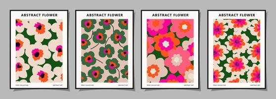 einstellen von abstrakt groovig Blumen- Plakate. modisch botanisch Mauer Kunst mit Blume Design drucken im beschwingt Farben. modern naiv zum Innere Dekor, Abdeckung, Karte, Vorlage, Banner, Hintergrund und Hintergrund. vektor