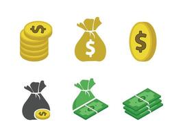 pengar, mynt, och pengar påsar i besparingar begrepp illustrationer. dollar sedlar lugg, gyllene mynt stack. vektor