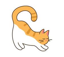 inländisch Katze dehnen, zieht selbst oben mit seine Augen geschlossen. süß gestreift Orange Haustier Stehen. kawaii komisch Tier. isoliert Bild zum Aufkleber auf Weiß Hintergrund. Gekritzel Stil. Illustration vektor