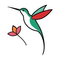 en kolibri svävande i luften, dess lång näbb doppning in i en färgrik blomma vektor