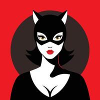 ein Frau im ein Katze Maske und rot Lippenstift posiert im Vorderseite von ein rot Hintergrund. vektor