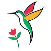 kolibri svävande i luften, dess lång näbb doppning in i färgrik blomma vektor
