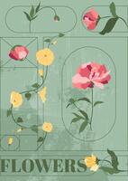affisch design med rosa pion, reste sig, gul vinda på en årgång texturerad grön bakgrund. blommig illustration för hälsning kort, affisch, bröllop inbjudningar, social media och Mer vektor