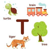 Vorschule Englisch Alphabet. t Brief. Baum, Zug, Tiger, Schildkröte. Alphabet Design im ein bunt Stil. lehrreich Poster zum Kinder. abspielen und lernen. vektor