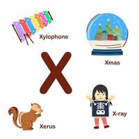 Vorschule Englisch Alphabet. x Brief. Weihnachten, Röntgen, Xerus, Xylophon. Alphabet Design im ein bunt Stil. lehrreich Poster zum Kinder. abspielen und lernen. vektor