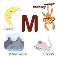 Vorschule Englisch Alphabet. m Brief. Mond, Berge, Maus, Affe. Alphabet Design im ein bunt Stil. lehrreich Poster zum Kinder. abspielen und lernen. vektor