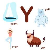 Vorschule Englisch Alphabet. y Brief. Yeti, Yoga, Yacht, Yak. Alphabet Design im ein bunt Stil. lehrreich Poster zum Kinder. abspielen und lernen. vektor