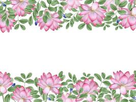 horisontell ram rosa vit lotus, grön löv. blomning vatten lilja, blåregn blad. indisk lotus, Anchan blad, helig lotus. vattenfärg illustration. kopia Plats för text. för hälsningar, inbjudningar. vektor