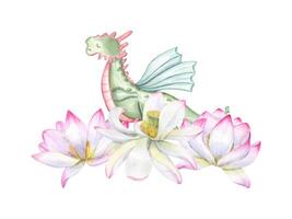 Grün Drachen Stehen im Dreieck Pose unter Blühen Wasser Lilien. Tier üben Yoga Übungen. Blumen- Komposition. zart drei Lotus Blumen. Aquarell Illustration zum Design, Postkarten vektor