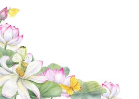 helig lotus blomma med fladdrande gul fjärilar. horisontell ram med kopia takt för text. rosa vit näckros och grön löv. vattenfärg illustration för hälsningar, inbjudan, vykort vektor