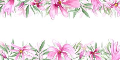 vår delikat rosa blommor. horisontell lång ram av magnolia blommor. abstrakt växter, grön löv. kopia Plats för text. vattenfärg illustration för vykort, inbjudan, hälsningar vektor