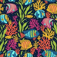 sömlös mönster med färgrik tropisk fisk, koraller och alger. grafik. vektor