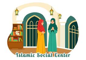 islamic social Centrum illustration terar moskéer, pedagogisk institutioner för islamic studier och utveckling i platt tecknad serie bakgrund vektor