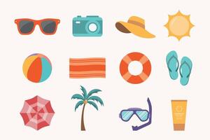 Strand und Sommer- Symbole Sammlung einschließlich Sonnenbrille, Kamera, Strand Ball, Strand Regenschirm, Hut, Flip Flops, Schnorchel, Leben Weste, Sonnenschutz Flasche und Strand vektor