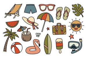 strand och sommar hand dragen samling inkluderar stol, solglasögon, hatt, resväska, surfbräda, flamingo, handflatan träd, strand boll, flip floppar, solglasögon vektor