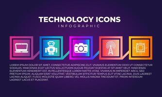 Technologie Symbole Laptop, Roboter, Kamera, W-lan Turm, Computer Chip Satz. Infografik Technik Design Elemente Kunst. vektor