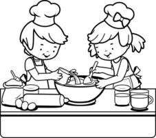 barn kockar på matlagning klass. en liten pojke och en liten flicka matlagning i de kök på Hem. svart och vit färg sida vektor