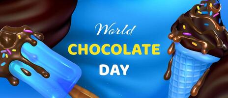 Welt Schokolade Tag auf das Blau Hintergrund. Schokolade tropft auf Eis Sahne im ein Kegel und auf ein Stock. bunt Eis Sahne Werbung Konzept. realistisch 3d Design im Karikatur Stil vektor