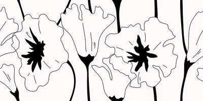 sömlös mönster med linjär vallmo. svart och vit bakgrund med linje blommor. modern blommig textur. kontur teckning vallmo. redigerbar stroke. blomma silhuetter. minimalistisk botanisk element vektor