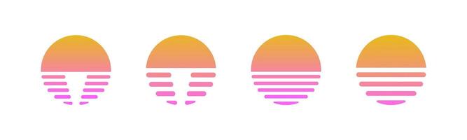 retro Sonnenuntergang oder Sonnenaufgang 1980er Jahre Stil. Retrowave Sonne Sammlung. retro Sonne 80er Jahre Neon- Sonnenuntergang Jahrgang Design. Cyberpunk Sonne, Sonnenuntergang, Sonnenaufgang. vektor