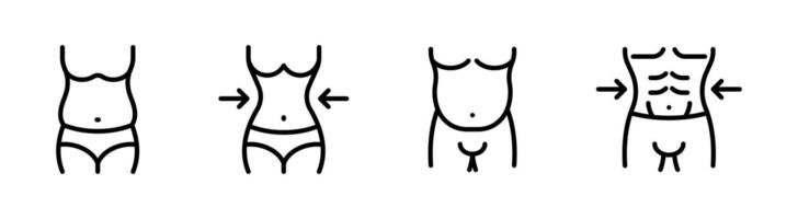 översikt kropp ikoner. kvinna och manlig kropp ikoner. bantning midja. kvinna och man förlust vikt ikon. vektor