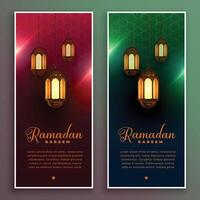 Ramadan kareem Banner Design mit realistisch Lampen vektor