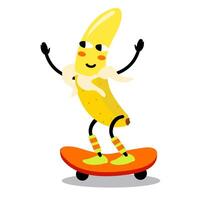 Illustration Banane auf Skateboard. süß glücklich Banane Charakter spielen Skateboard. Banane Reiten auf Skateboard, Karikatur komisch Obst Illustration vektor