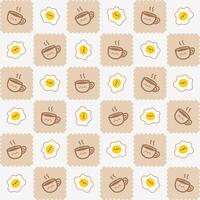 söt kaffe kopp och ägg mönster med beige bakgrund. förtjusande mönster terar söt stil kaffe koppar och friterad ägg på en beige och vit bakgrund. vektor