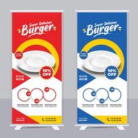 Essen Speisekarte und Restaurant modern Essen rollen oben Banner Vorlage Design mit abstrakt Hintergrund, Logo und Sozial Medien Symbol. Pizza, Burger, gesund Essen Verkauf Netz Banner, Gestell Karte oder Flyer vektor