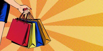 Frau Hand halten bunt Papier Einkaufen Taschen. Pop Kunst Comic Stil. Banner Vorlage Design mit Kopieren Raum zum Verkauf, Rabatt, Besondere Angebot. vektor