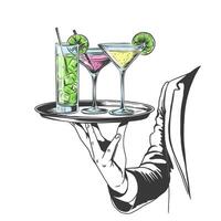 Bedienung halten Portion Tablett mit Cocktail Brille. Margarita, Mojito, kosmopolitisch Alkohol Getränke. Illustration isoliert auf Weiß Hintergrund vektor