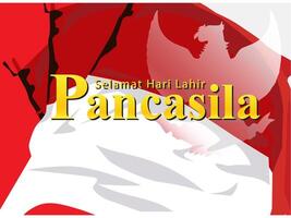 Garuda Schatten Symbol von das indonesisch Zustand mit ein rot und Weiß Hintergrund Flagge mit Gold Text feiern pancasila Tag vektor