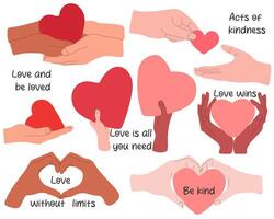 uppsättning av händer innehav hjärta och text citat isolerat på vit bakgrund. röd hjärta i mänsklig händer. färgad platt grafisk illustration. vektor