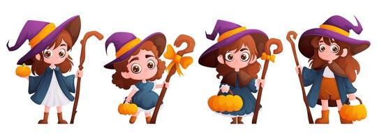 wenig Mädchen im Halloween Hexe Kostüme mit Kürbisse vektor