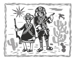 Lampia und Maria Bonita. Banditen, Volk Helden von Brasilien. Brasilianer Schnur Stil. Nordost- Holzschnitt Stil vektor