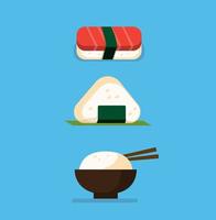 sushi, onigiri och risskål, japansk mat, bento ikon platt illustration vektor