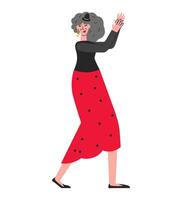 tredje åldern kvinna ha roligt i dansa klass. pensionär levande aktiva. trevlig gammal kvinna personlighet dans flamenco med handflatan klappa gest. elegant äldre karaktär hand dragen platt illustration vektor