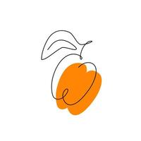 aprikos svart kontur teckning med abstrakt Färg fläck. frukt minimalistisk silhuett. kontinuerlig vegetarian mat logotyp begrepp design. söt växt hand dragen ett linje platt illustration isolerat vektor