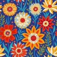 blommig sömlös slumpmässig mönster med fantasi blommor i bohemisk stil i blå, röd, gul, vit färger, bra för textilier, ytor, tapeter, omslag papper, tyger, grafik. vektor