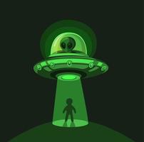 Außerirdische Invasion auf der Erde. fliegende UFO-Entführung mit Lichtstrahl am Nachtszenenkonzept im Comic-Cartoon-Illustrationsvektor vektor