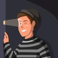 Stalker-Kriminalität. Dieb Mann trägt Streifenhemd, das von der Lochwand im Cartoon-Illustrationsvektor schaut vektor