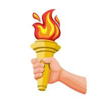 Hand, die goldene Fackel mit Feuerflamme hält, Symbol für Sportwettbewerb im Karikaturillustrationsvektor lokalisiert in weißem Hintergrund vektor