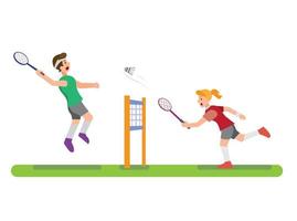 Illustration von Leuten, die Badminton mit Freund spielen und bereit sind, Federball zu zerschlagen, Sportwettbewerb im flachen bearbeitbaren Vektor der Karikatur