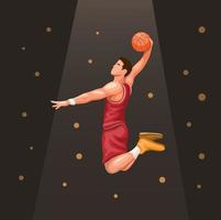 basket player slamdunk under rampljuset. sport atlet symbol koncept i tecknad illustration vektor