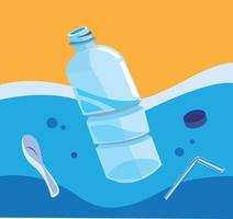 flaska plast och sopor förorenat havsvatten, ingen plast kampanj i platt illustration vektor
